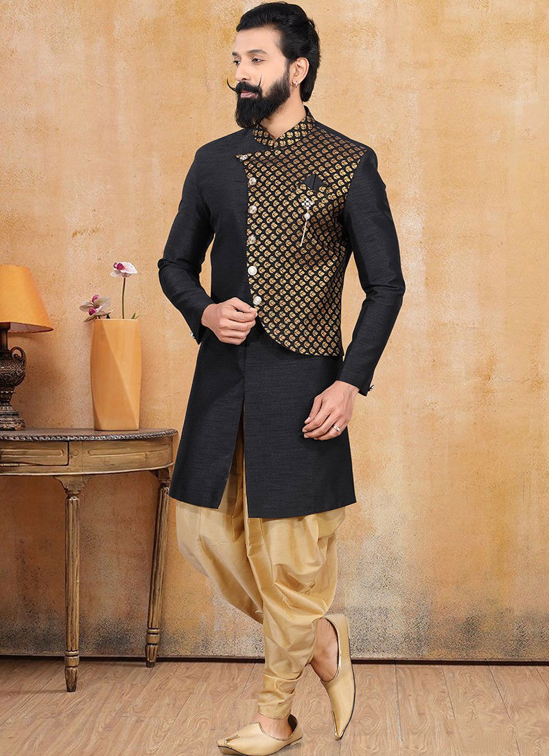 Black Jacquard Party Wear Indo Western Collection 1252